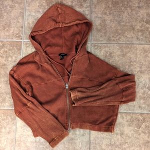 Rust Ribbed Zip-Up Cropped Hoodie